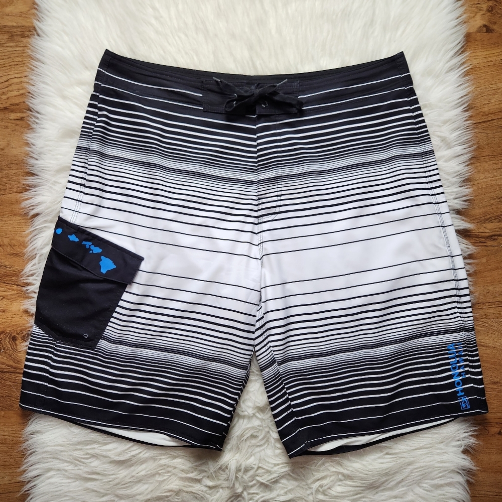 Honolua Black White Stripe Board Shorts 36